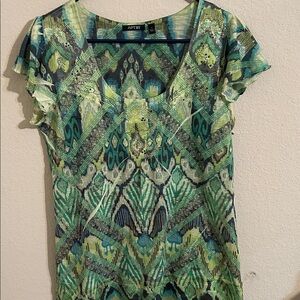 Apt. 9 Women's Blue and Green Geometric Blouse with fluttered sleeves